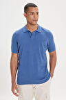 Erkek Lacivert Standart Fit Normal Kesim Polo Yaka %100 Pamuk Desenli Kısa Kollu Triko Tişört