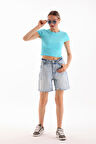 KADIN LİKRALI KISA KOL CROP BLUZ
