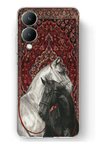 Vivo Y17s Uyumlu Geleneksel Halı Motifli Siyah Beyaz At Baskılı Silikon Kılıf