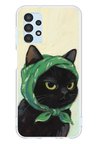Samsung Galaxy A13 Uyumlu Babushka Yeşil Başörtülü Siyah Kedi Baskılı Silikon Kılıf
