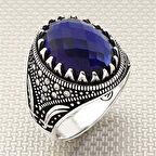 Lacivert Kesme Markazit Taşlı Şık 19 mm Erkek 925 İthal Gümüş Yüzük