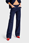 Kadın Laci İndigo Renk 7w5-50 Loose Fit Parlak Taş Detaylı İç Boy 80cm Özel Tasarım Denim Jean