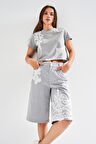 Kadın Gri Renk Dantel Nakışlı Midi Boy Tasarım Kumaş Bermuda Şort