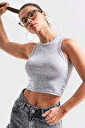 Kadın Gri Renk s5-107 Halter Yaka Esnek Kaşkorse Kumaş Crop Top Body