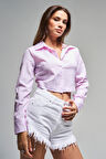 Kadın Pembe Çizgili Renk s5-98 Crop Fit Gömlek