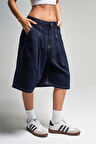 Kadın İndigo Renk 7s5-50 Skater Fit Maxi Boy Bol Kesim %100 Koton Denim Bermuda Şort