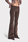 Kadın Koyu Kahverengi 26w5-136 Low Waist Flare Fit İnce Fitilli Velvet Kadife Kumaş Pantolon