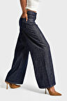 Kadın İndigo Renk 7w5-50 Palazzo Fit %100 Koton Dökümlü Kumaş Denim Jean