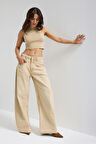 Kadın Bej Taş Renk 4w5-142 Low Rise Palazzo Fit %100 Koton Denim Jean