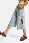 Kadın Kot Rengi 4s6-32 Palazzo Nakış Tasarım Bermuda Denim Jort
