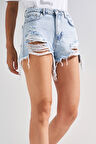 Kadın Ice Kot Rengi 12s5-3 Mini Boy Yüksek Bel Curved Yırtık Detaylı Püsküllü %100 Koton Denim Şort