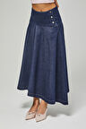Kadın İndigo Renk 7w5-50 Maxi Boy Çan Kesim A Tipi %100 Koton Denim Etek
