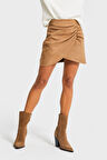 Kadın Sütlü Kahve Renk w5-16 Mini Boy Pileli Süet Yumuşak Kumaş Etek