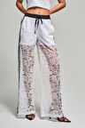 Kadın Ekru Renk Şerit Detaylı Dantelli Bol Kesim Beli Lastikli Tasarım Pantolon