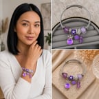 💎 Premium Parlak Mor Çiçek ve Kristal Charm Detaylı Gümüş Renk Kadın Charm Bijuteri Bileklik (20cm)