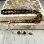 ÖZEL TASARIM GÜMÜŞ PÜSKÜLLÜ SARI SİYAH ATEŞ KEHRİBAR TESBİH 1211