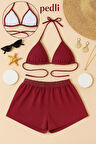 Kadın Bordo Şortlu Belden Ve Boyundan Bağlamalı Bikini Takımı - Bordo - L-XL