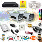 2 Kameralı Set - Yapay Zeka Özellikli Gece Renkli Gösteren 5MP SONY Lensli 4 Ultra Warm Ledli FULLHD Güvenlik Kamerası Seti 784W-114