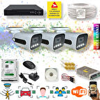 3 Kameralı Set - Gece Renkli Gösteren Hareket Algılayan 5MP SONY Lensli 4 Ultra Warm Ledli 1080P FULLHD Güvenlik Kamerası Seti 784W