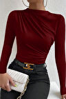 Kadın Bordo Belden Ve Boyundan Büzgü Detaylı Uzun Kollu Bluz - Bordo - XL-2XL