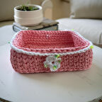 El Örgüsü Çiçek Detaylı Pembe Dikdörtgen Organizer Sepet Modern Dekorasyon