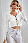 Kadın Beyaz Uzun Kollu Önden Bağlama Detaylı Crop Top Bluz - Beyaz - L-XL