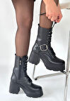 Linma Siyah Cilt Bağcıklı Topuklu Bot