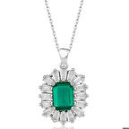 Gümüş Elmas Montür Zümrüt Taşlı Kadın Kolye