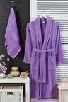 Kadın Havlulu Banyo Bornoz Takımı &#37;100 Pamuklu Lavanta - L-XL