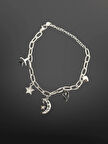 Gümüş Renk Charm Figürlü 316L Çelik Zincir Bileklik | Ay, Yıldız, Kalp Detaylı Şık Tasarım