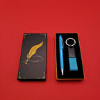 Mavi Metal Deri Anahtarlık ve Kalem Seti