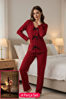 Kadın Bordo Fiyonklu İç Çamaşırı Ve Uzun Kollu V Yaka Pijama Takımı 4'lü Set - Bordo - L-XL