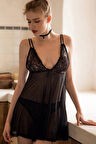 Kadın Siyah Transparan Dantelli Çift Sıra Askılı Şık Gecelik - Siyah - XL