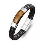   Kaplan Gözü Taşlı Siyah Deri Erkek Çelik Bileklik 31834B6D1 