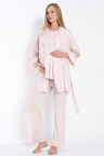 Kısa Kol Bisiklet Yaka Kadın Viskon Dantel Detaylı Hamile Pijama Takımı Sabahlık - Pembe - XL
