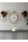 Yeni (Gold 3'lü Set) 12-24h-XXL Timelles(60X80CM)-( Saat Ve Çiçeklik )-Metal (Mobilya)Duvar Saati