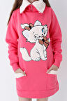 Genç Kız Kırmızı Kedi Baskılı Fermuarlı  Kapüşonlu Pamuklu Sweatshirt