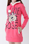 Genç Kız Pembe Ayıcık Desenli Kapüşonlu Sweatshirt Elbise