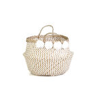 BEYAZ PONPONLU KATLANIR GÖBEKLİ HASIR SEPET, 35CM.