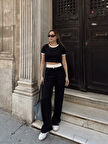 Crop pantolon biyeli takım siyah