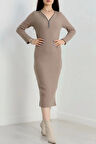 Fermuar detaylı fitilli şardonlu elbise bej a3178
