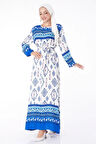 Düz Bisiklet Yaka Kadın Mavi Etnik Desenli Elbise