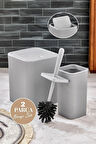 2'li Lina Pratik Kapaklı Kare Banyo Seti - Çizgili Banyo Düzenleyici Çöp Kovası Fırça Takımı Gri