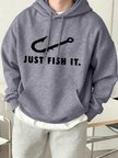 Just Fish It Balık Kancası Desenli Baskılı Erkek Kapüşonlu Sweatshirt Moda Polar Sıcak Kazak