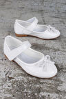 Kız Çocuk Ayakkabı lastikli Fiyonklu Babet Beyaz