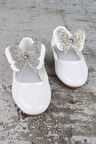 Kız Çocuk Ayakkabı Cırtlı Kelebek Taşlı Babet Beyaz
