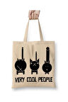 Very Cool Cats Cool Kediler Beyaz Bez Çanta Uzun Saplı Alışveriş Çantası Plaj Çantası