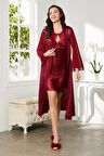 Pierre Cardin Saten Dantelli Gecelik Ve Sabahlık Takımı 4375 - Bordo