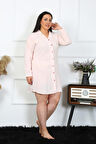 Celira Kadın Büyük Beden Pamuk Dokuma Düğmeli Uzun Kol Pembe Tunik Gecelik