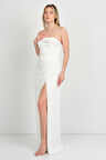 Doridorca Kadın Straplez Derin Yırtmaçlı Uzun Abiye Elbise 6023 Beyaz